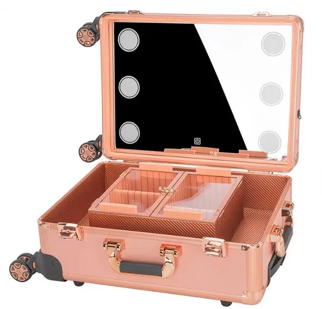 Rolling Makeup Case With Led Light Mirror Adjustable Legs Lockable Train Table Studio Artist Cosmetic