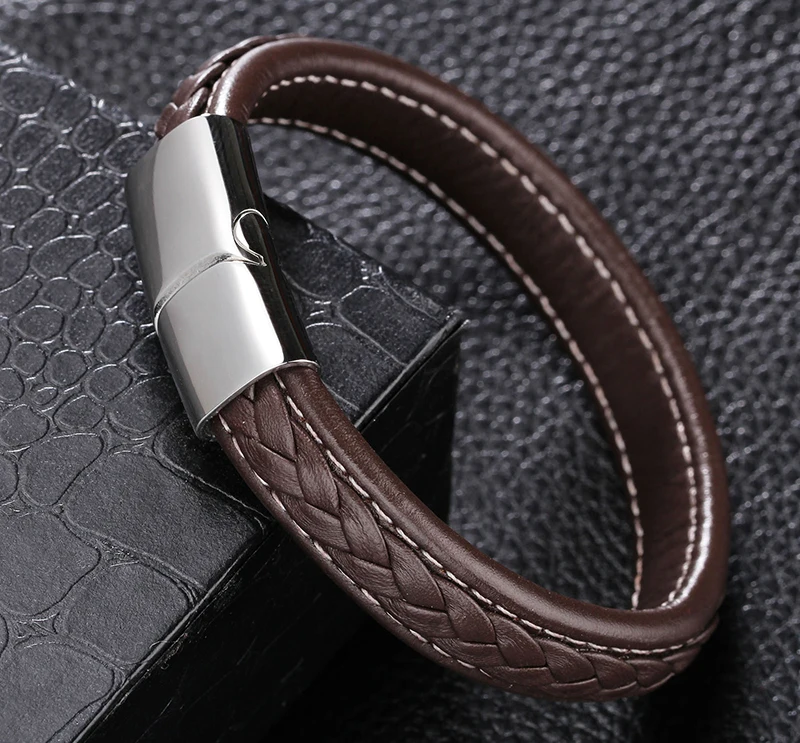 Popular Unisex Brown Leather Bracelet Stitched Plaited Bangle Cuff Jewelry