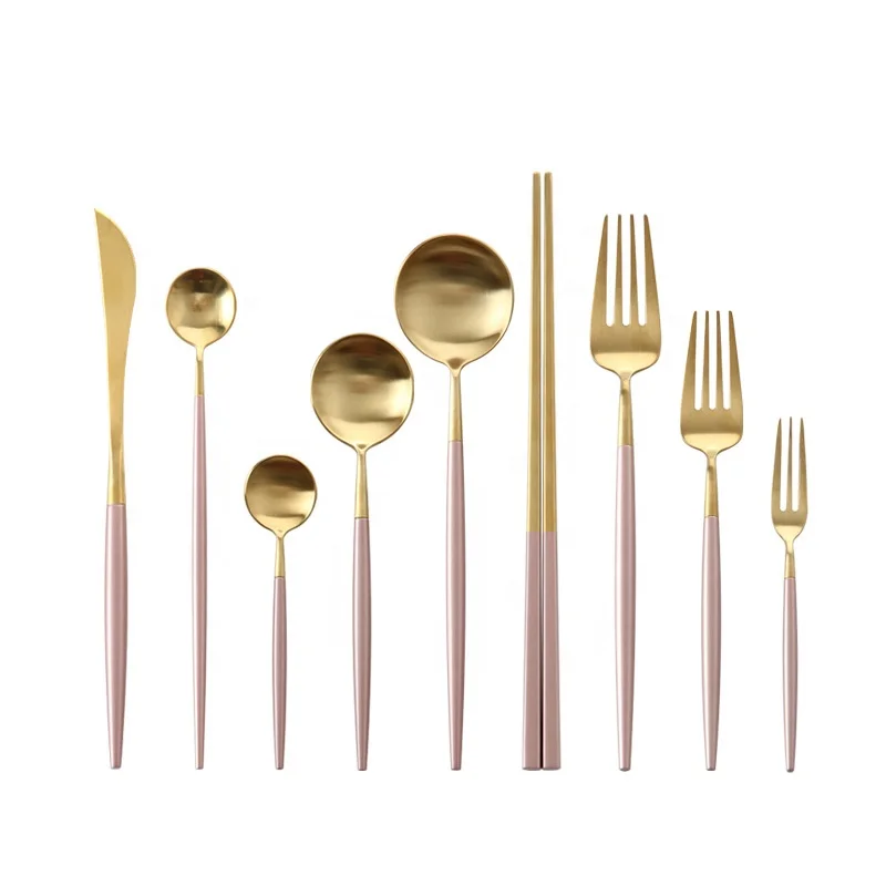 Jinci Pink Handle  Golden Flatware Sets Wedding Flatware Knife Fork Spoon