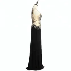 Round neckline backless ceremony wear sexy long black velvet evening dress