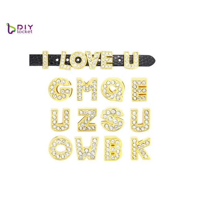 
Wholesale Rhinestone Gold Slide Letters For 10mm Leather Bracelet And Dog Collars,10 mm gold bling bling letter slider charms 