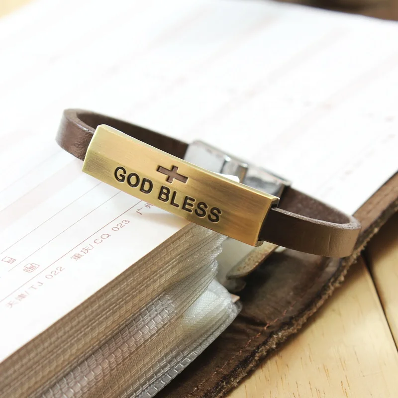God Bless You Letter Leather Cross Bracelet with Custom Engraved Logo,Christian Jewelry Leather Bracelet
