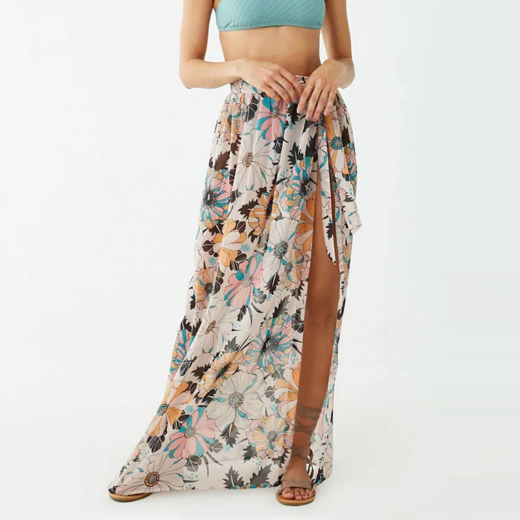 Summer Fashion Ladies Beach Open Front Chiffon Floral Bohemian Swim Cover-Up Long Maxi Skirts