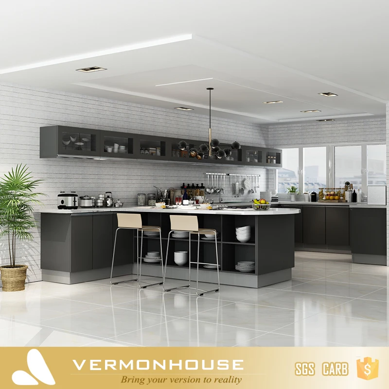 2022 Latest Modular Kitchen Furniture With Grey High Gloss Paint Finish