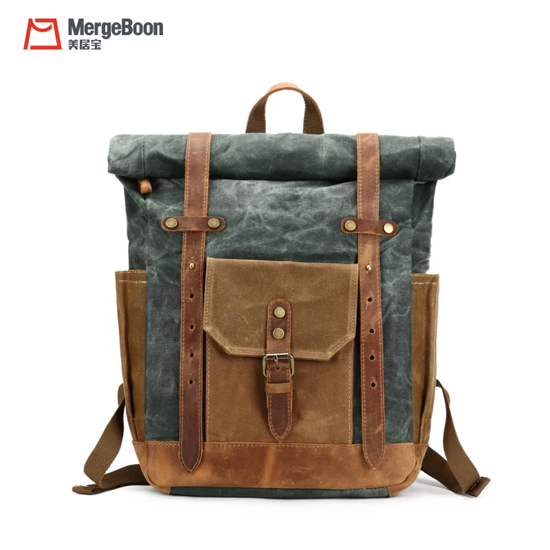 Лидер продаж, зеленый вощеный холст, рулонный школьный рюкзак, винтажная сумка