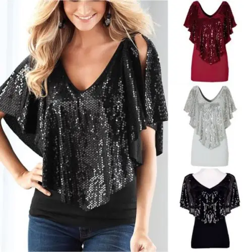 Summer Fashion Tops Women Flutter Sleeve V Neck Sequin Blouse Casual Solid Breathable Shirts