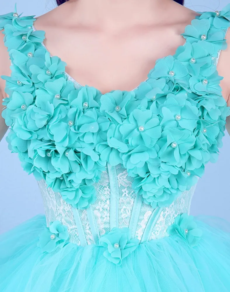 Sexy Lake Blue V neck Audition Performance Solo Ball Gown Wedding Banquet Host Dress For Women