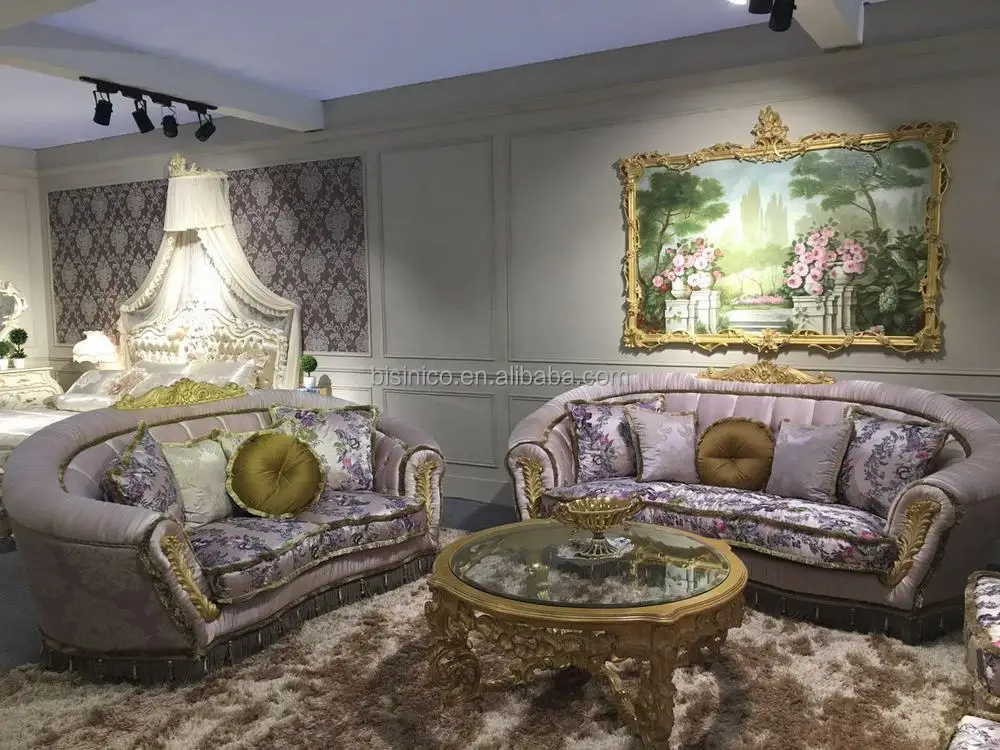 European Rococo Style Romantic Light Purple Sofa Couch Set, Latest Design Elegant Sofa Set with Fringe