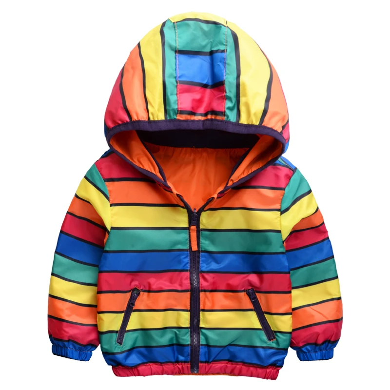 2016 spring new fashion both sides wear colored stripes children outerwear kids jackets hooded boys and