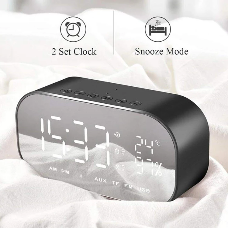 Mirror LED alarm clock with bluetooths wireless speaker FM radio with time,temperature display table clock