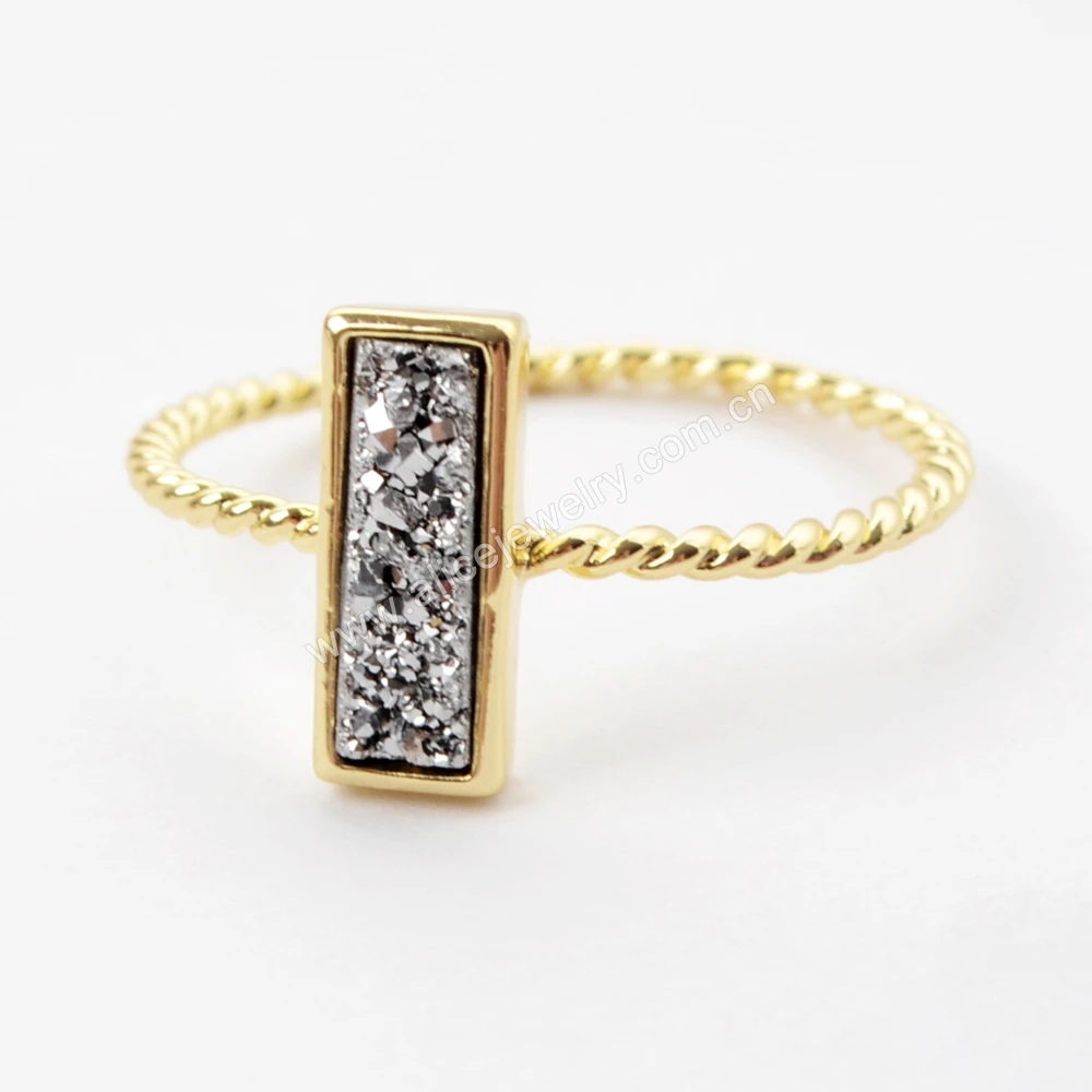 ZG0291 Hot Sales Rectangle Gold Plated Natural Agate Titanium Rainbow Druzy Bezel Ring, Moon Ring Jewelry