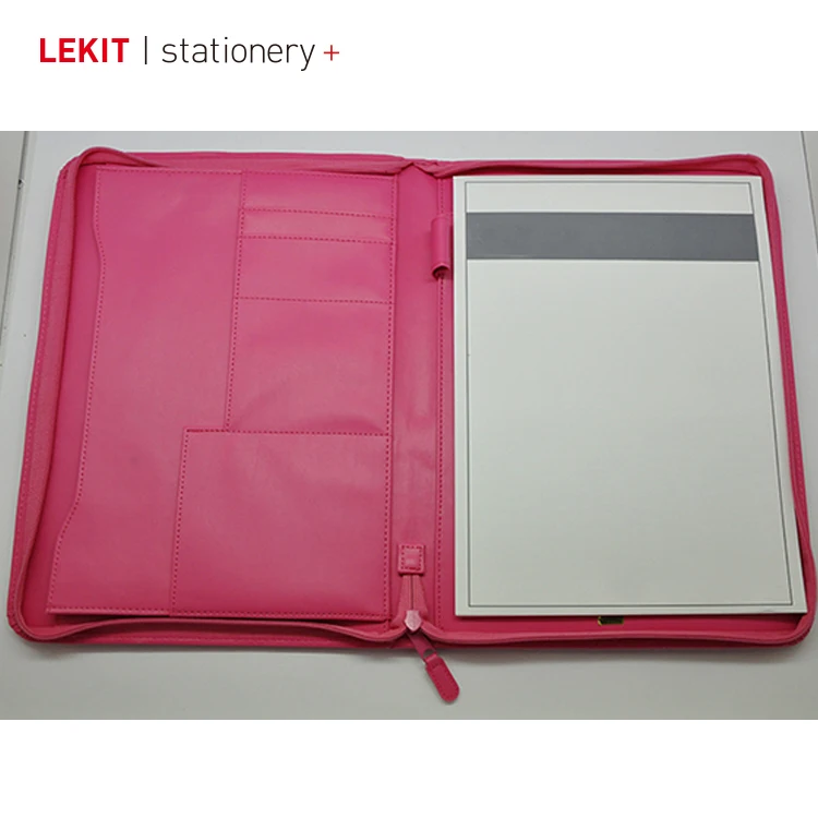 Pink PU leather a4 portfolio with notepad leather zipper binder notebook