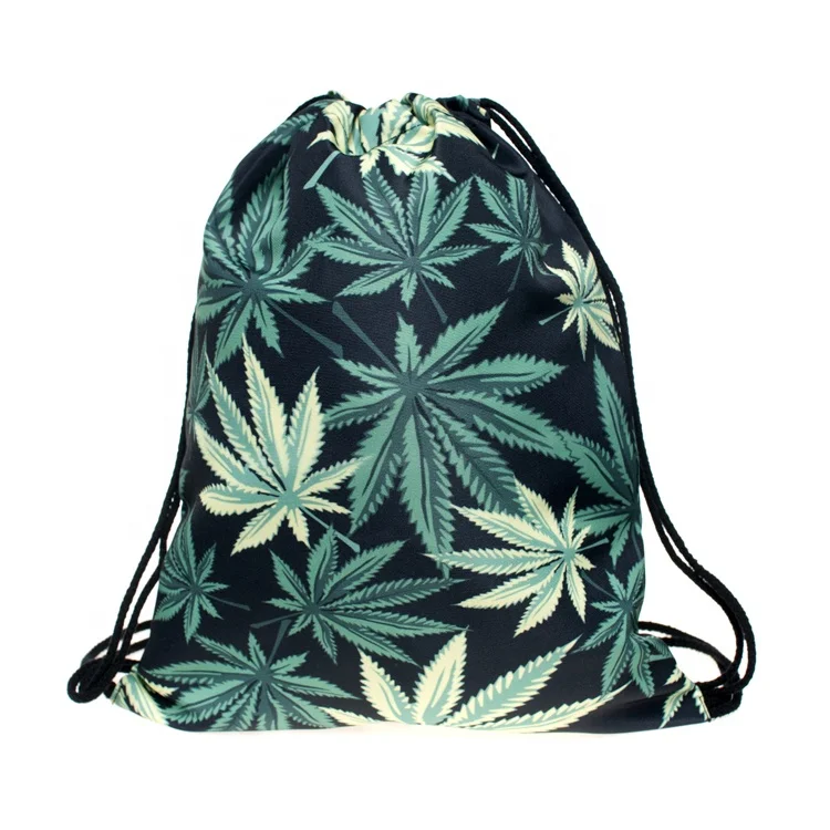 wholesale polyester ripstop digital printing hemp leaf swim bag drawstring backpack