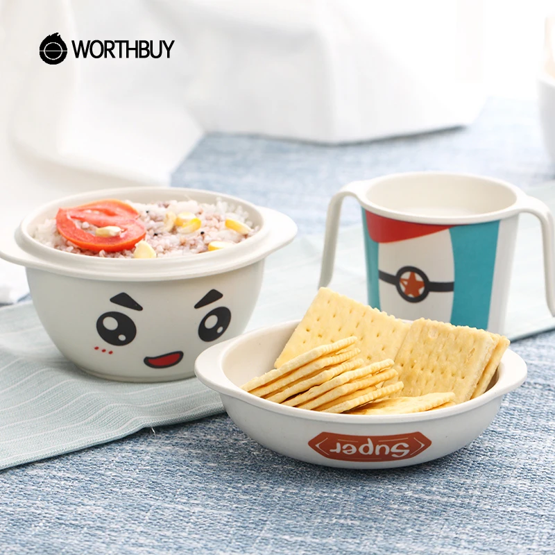 Cute Cartoon Bamboo Fiber Dinnerware Sets Eco-Friendly Kids Tableware Set Assembled Boy & Gril Cutlery School Picnic Set