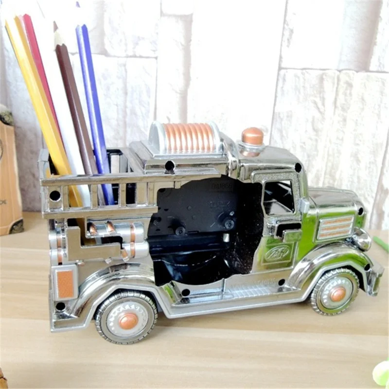 High Grade Fire Fighting Truck Shaped Antique Table Clock With Pen Box