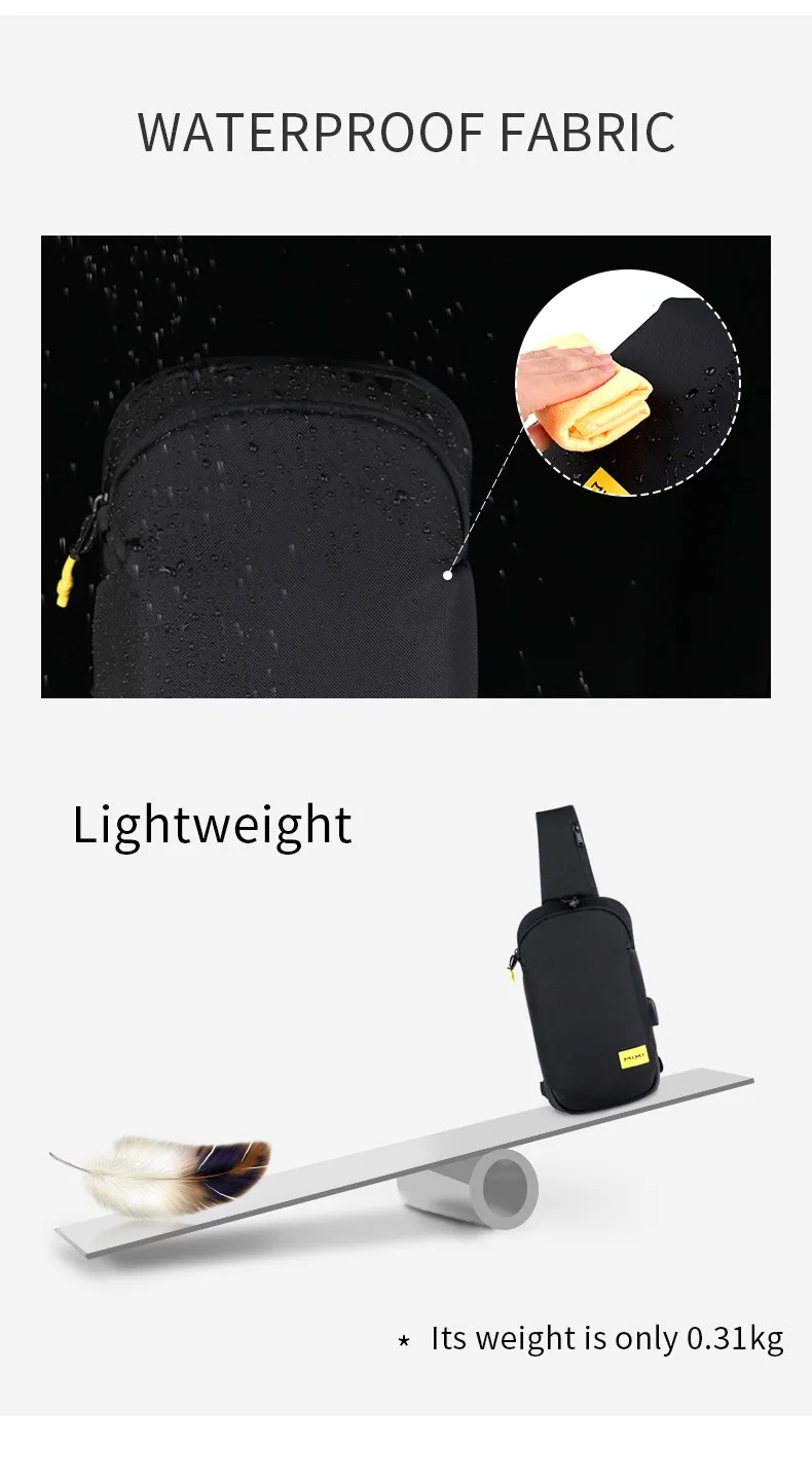 MIXI Wholesale Waterproof Men Anti-theft Messenger Shoulder Chest Crossbody Bag Side Sling Bag with USB