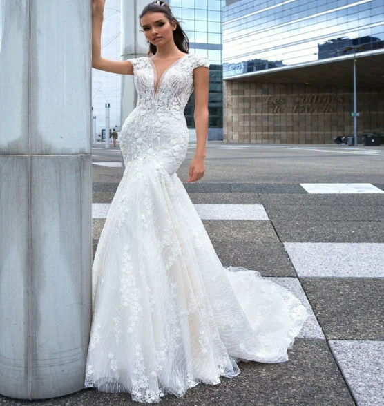 White Lace Wedding Gowns Brand  Mermaid Wedding dress Vestido de novia Sexy African Bridal Gowns V-neck Backless Bridal dress
