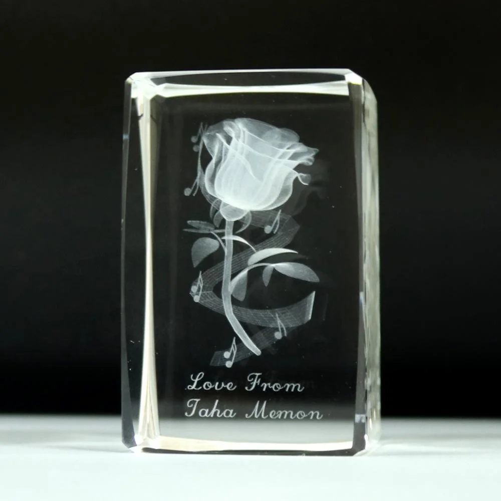 Wholesale 3D Laser Engraved Led Light Base Crystal Glass Rose Flower Cube For Wedding birthday Souvenir Guest Gifts