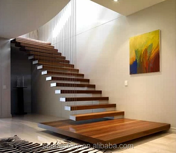 floating stair solid wood treads floating stair Glass balustrades and wood treads floating staircase TS-302