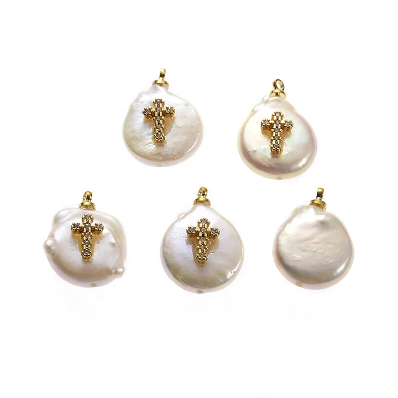 
DIY Beads Gold Plated Cubic Zirconia Micro Pave Pave Freshwater Pearl Coin Cross Pendant Charm For Jewelry Making 