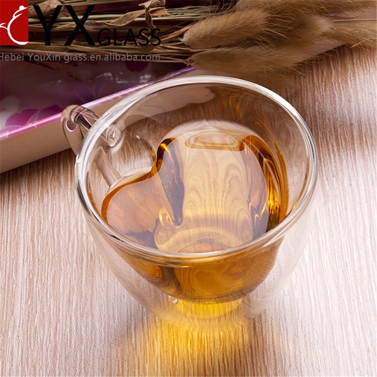 
Heart shape high clear double wall glass cup tea glass with handle 
