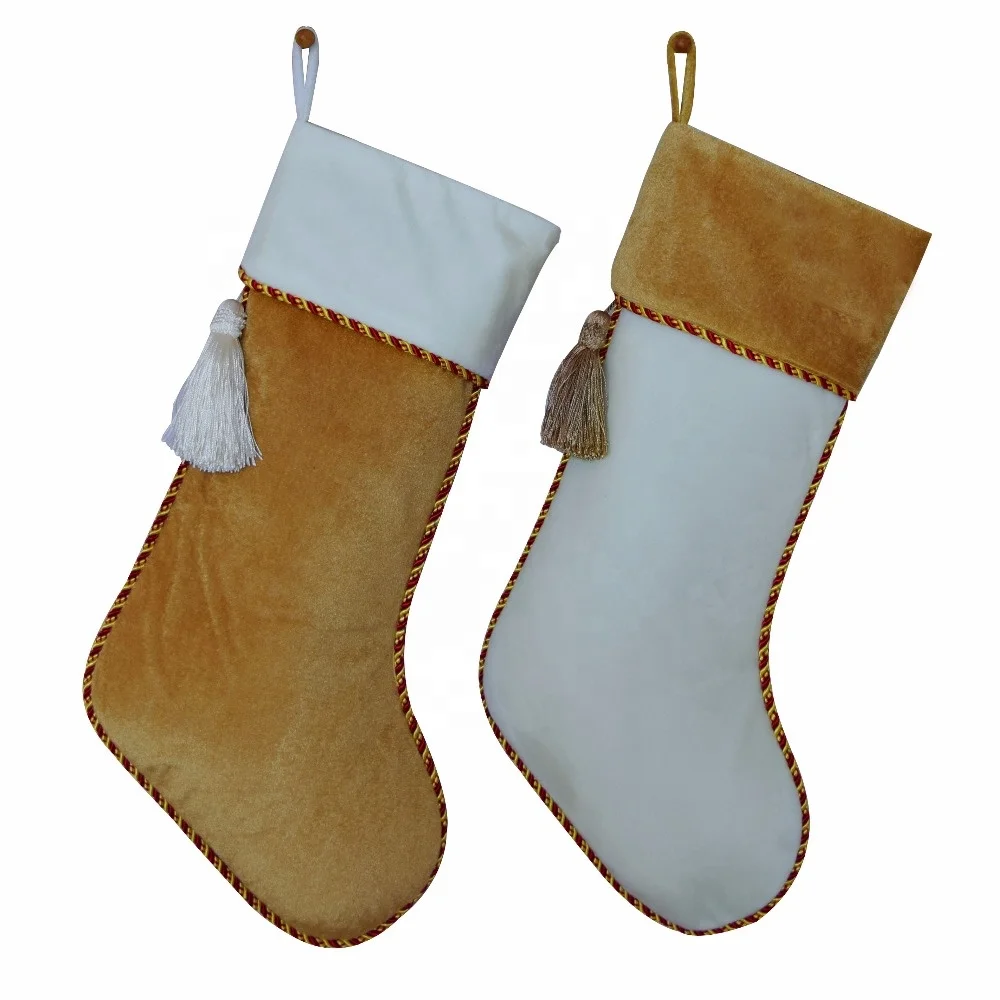 2 Colors Gold and Cream Velvet Christmas Stocking with Tassel Decoration