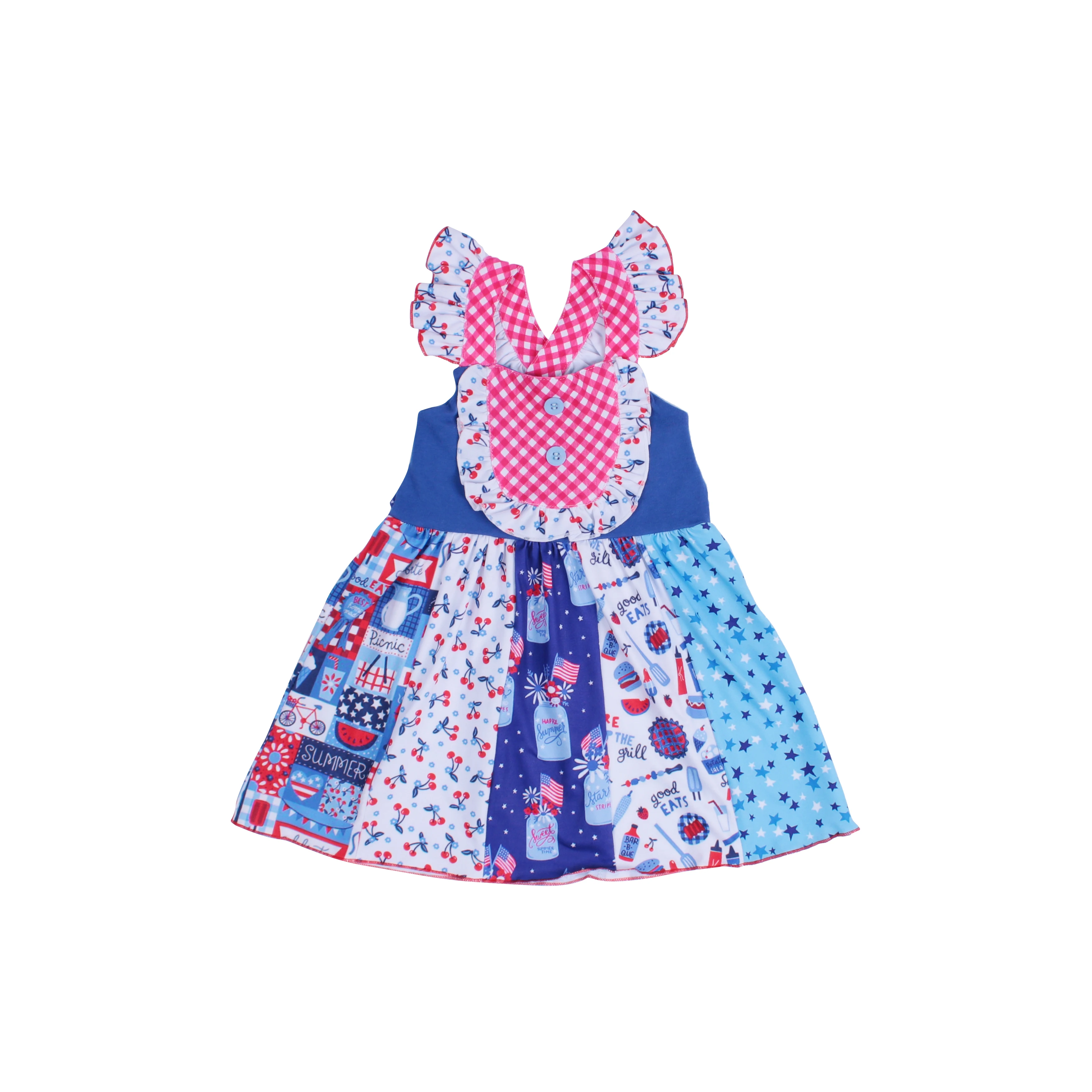 
Wholesale 4th of July american flag dress Summer cherry print milk silk girl boutique clothing baby bubble ruffle dress 