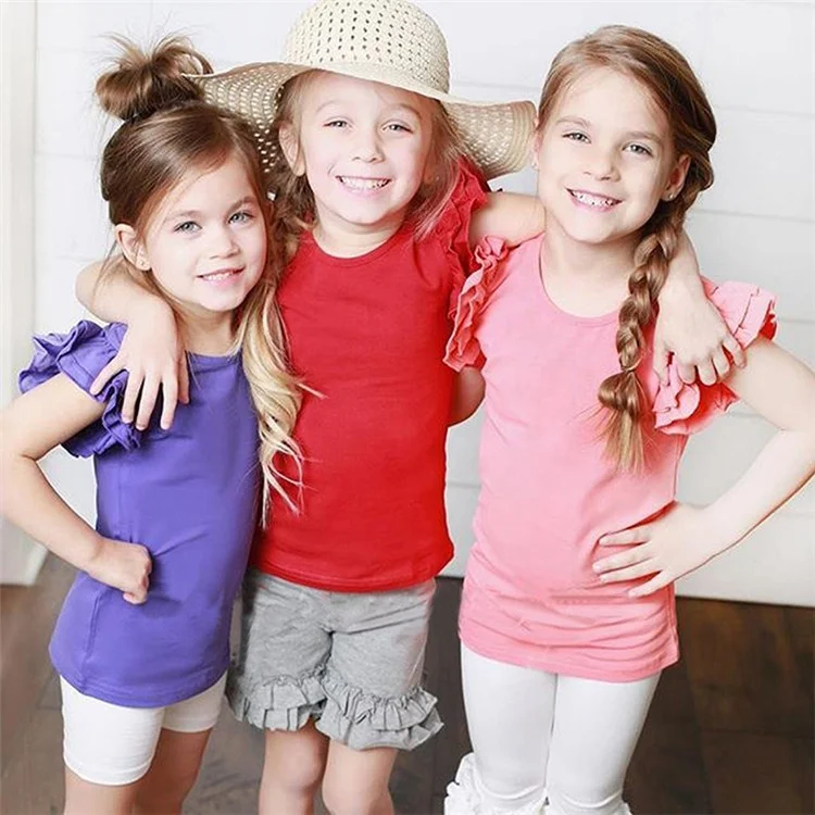 
Flutter sleeve pure sky blue Baby Girls t shirts custom kids Ruffle Raglan Tops Organic Cotton Icing t-shirts for baby 