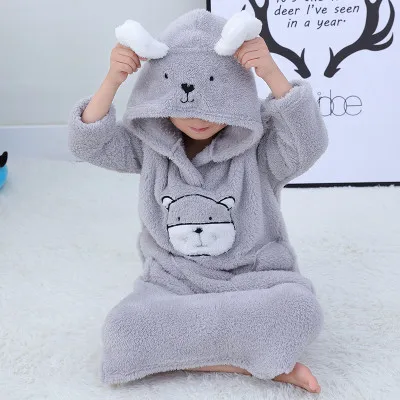 boys thick coral fleece thermal cartoon onesie bear hood sleepwear bathrobe