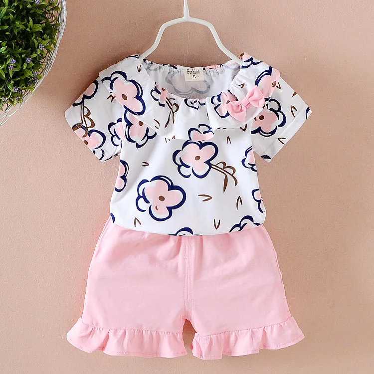 Fashion lovely comfortable flounces floral print short sleeve top ruffled shorts 2019 kids clothing children boutique clothes