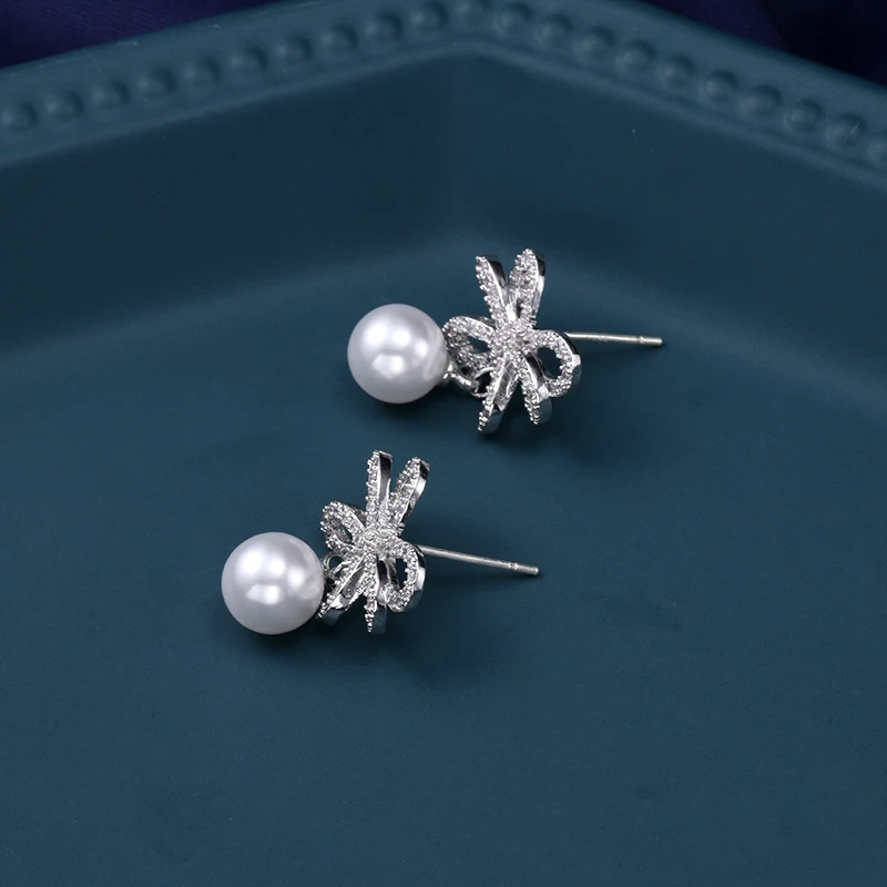 High Quality Rhodium Plated Shell Pearl and Cubic Zirconia CZ Crystal Pave Cute Bow Drop Earring