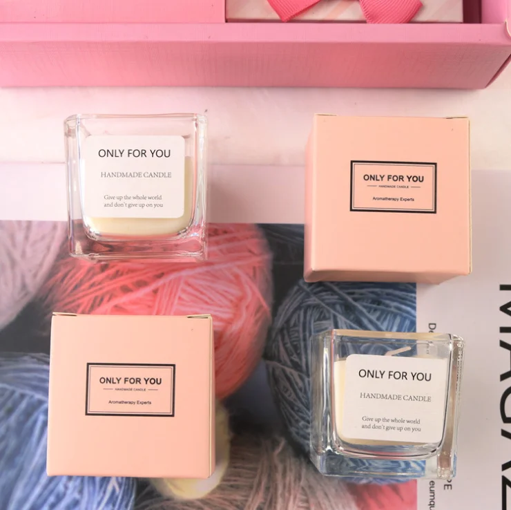 Handmade Gift Wholesale Private Label Classic Mini Square Clear Glass Jar Smokeless Scented Soy Wax Candle For Home Decor