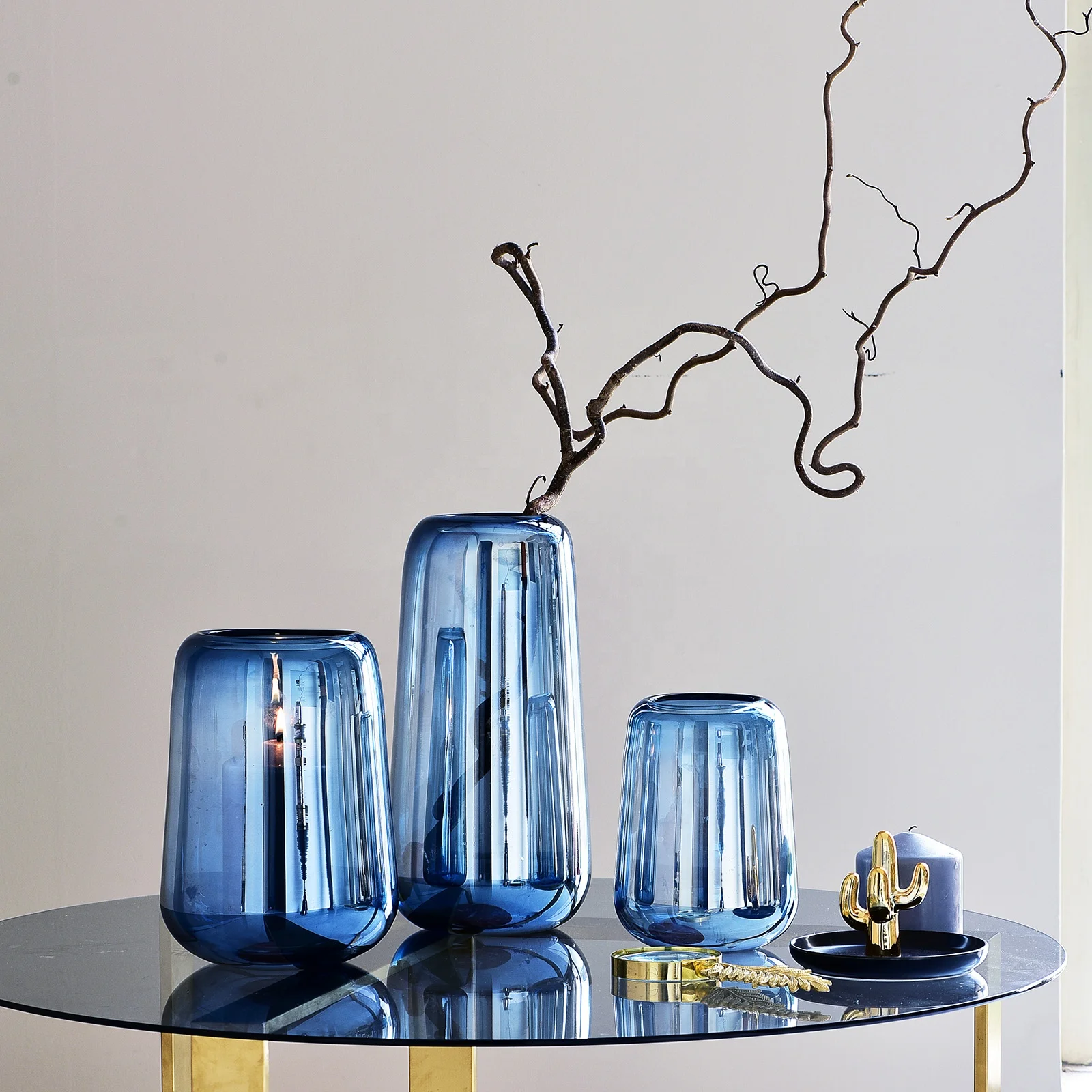 Bixuan Vases Optic Blue Color with Pearly-lustre Decor Flower Arrangement Glass Vase Contemporary Wedding Table Centerpieces