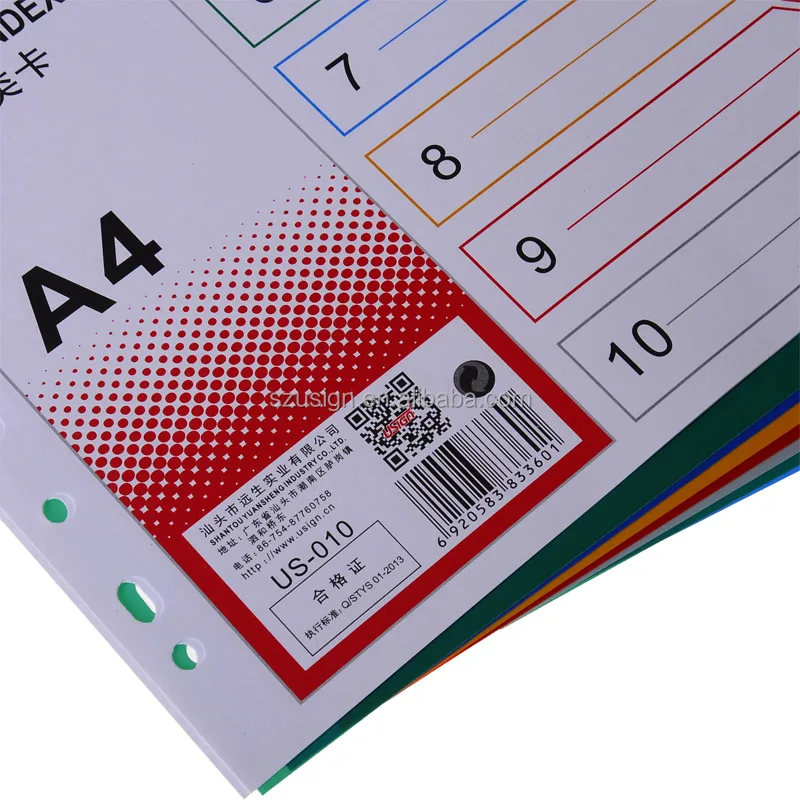US-010 A4 assorted color PP Index Divider index cards