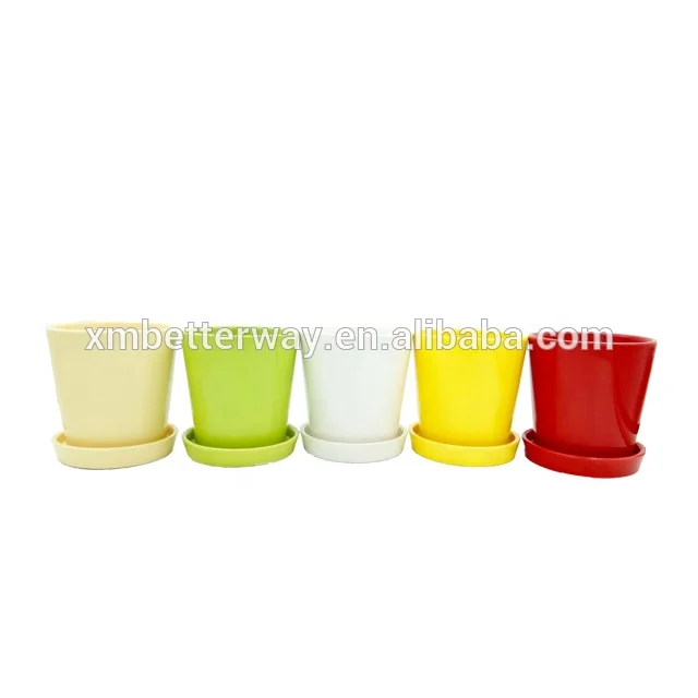 Xiamen Better-way 4.25inch  mini white glazed ceramic flower planter pots with attached saucer
