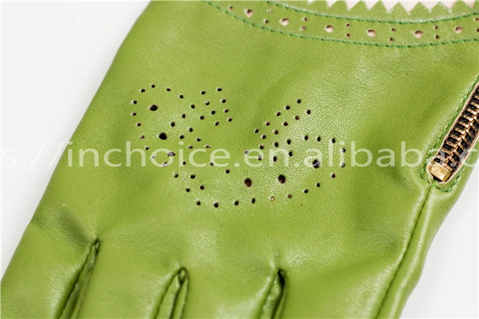 girl spring green short gloves hollow out back hand leather gloves with wonderful cambered cuff