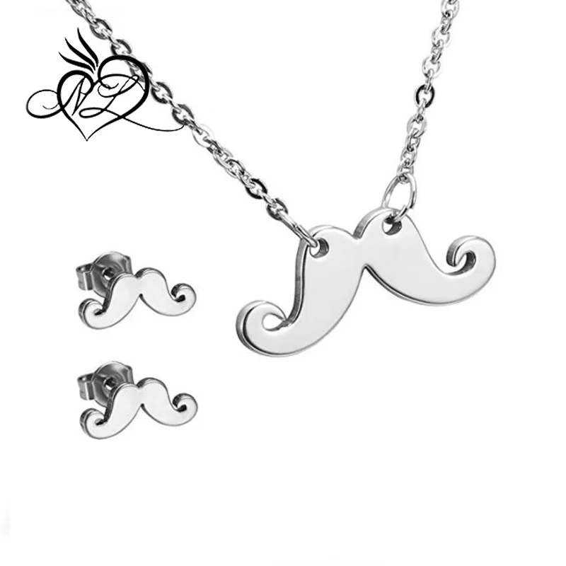 Stainless Steel Mustache Pendant Necklace and Earrings Jewelry Set