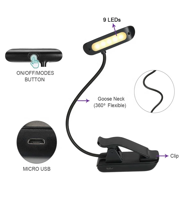 
Rechargeable USB book light reading lamp Flexible Book lamp dimmer Clip on table Desk Lamp for Notebook Laptop PC Computers 
