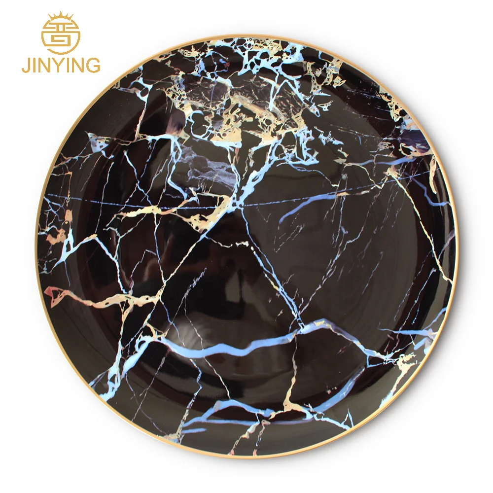 Luxury Wedding Gold Rim Golden Royal Black Marble Opal Dinner Plates Set
