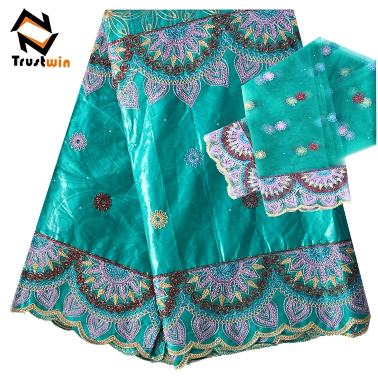 Hot Selling Bazin rich African Lace Fabrics 5 Yards Bazin with 2 Yards French Lace For Dresses