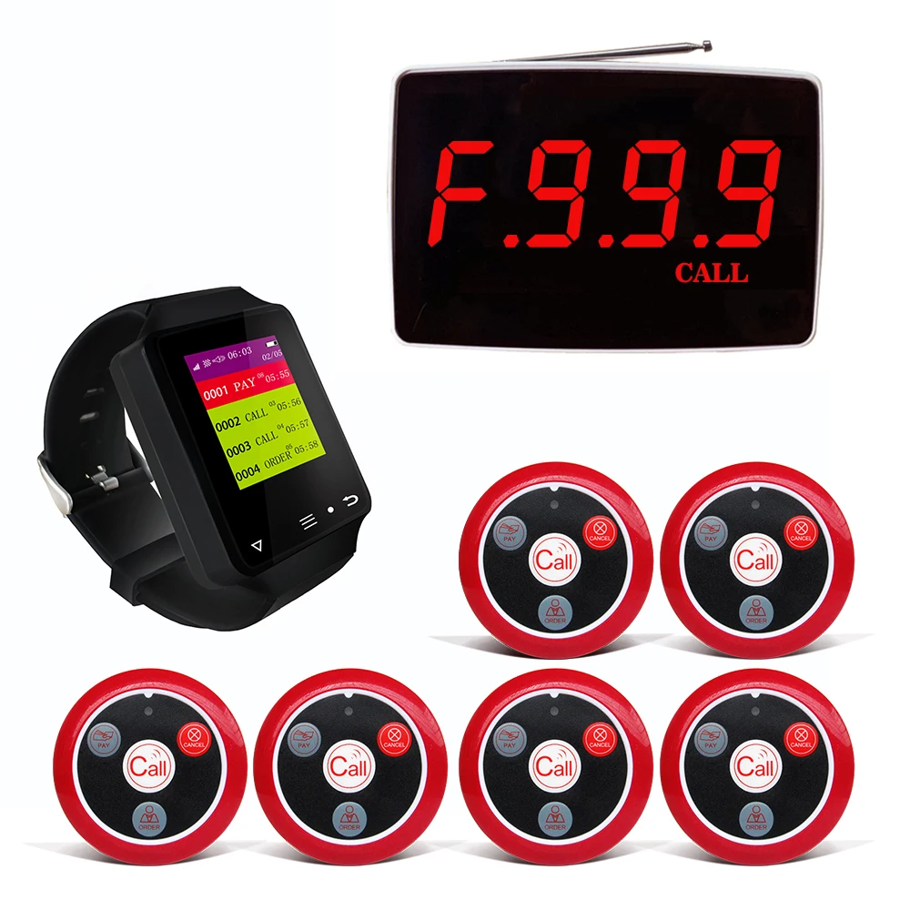 Artom restaurant caller system wireless with 10 pagers call button and waterproof watch set in French Spanish Russian