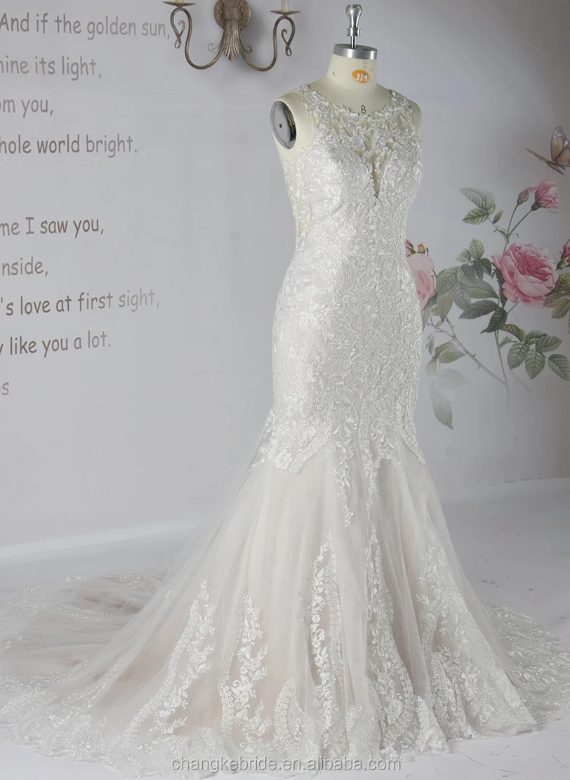 2019 Luxury Lace Sleeveless Scoop Neck Long High Quality Empire Plain Wedding Dress  Backless Mermaid Style Manufacturer