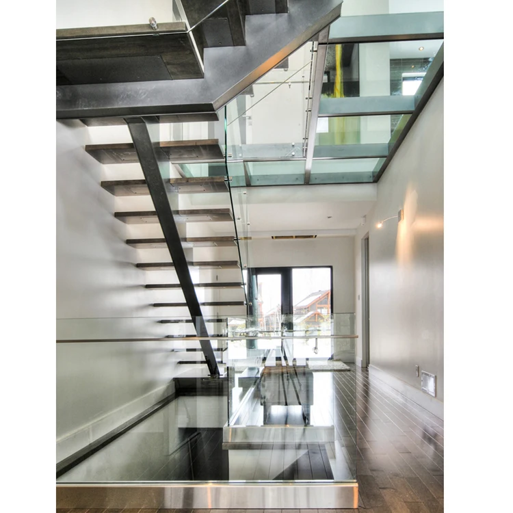 Стальная деревянная Крытая лестница со стеклянными перилами для дома