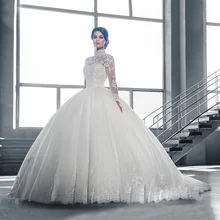 W3058 High Neck IIIusion Back Long Sleeve Wedding Dress 2016 Lace Ball Gown Wedding Gowns robe de mariage