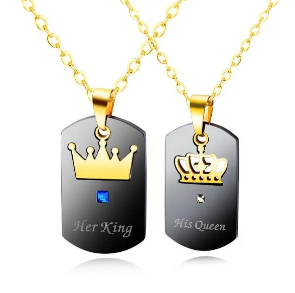 Amazon Hot Sale Ker King His Queen Titanium Stainless Steel Cubic Zirconia Cz Jewelry Couple Pendant Crown Necklace