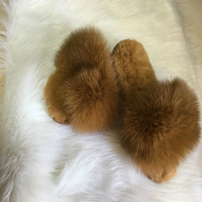 Sandals custom slides rabbit fur sole ,fox fur slippers big real fox fur slide sandals for women