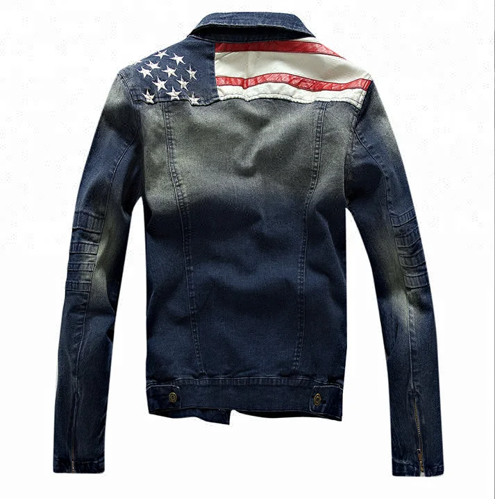 D&S factory dropshipping vintage blue long sleeves zipper jacket american flag men denim jacket