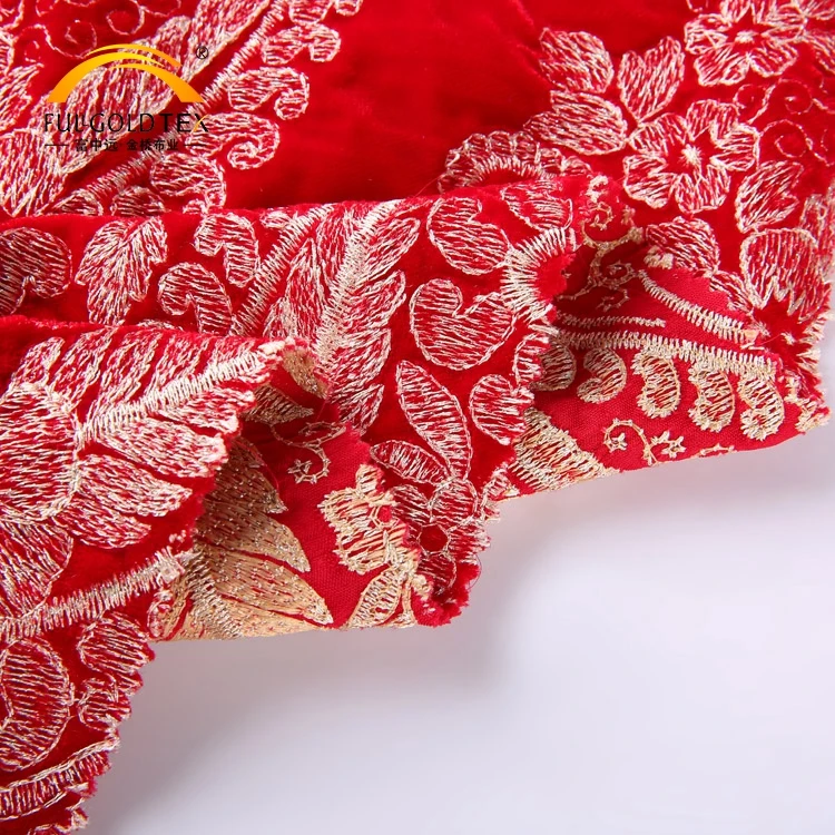 Профессиональный текстиль корейский красный 100% полиэстер Тканое индийское женское платье бархатная вышивка кружевная ткань