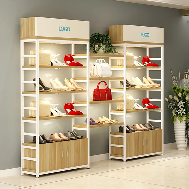 Retail Modern Fancy Store Metal Wood Shelves Display Rack /Bag Display Wood Rack Shelf