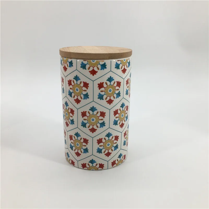 Custom various design airtight storage jar kitchen ceramic canister bamboo lid